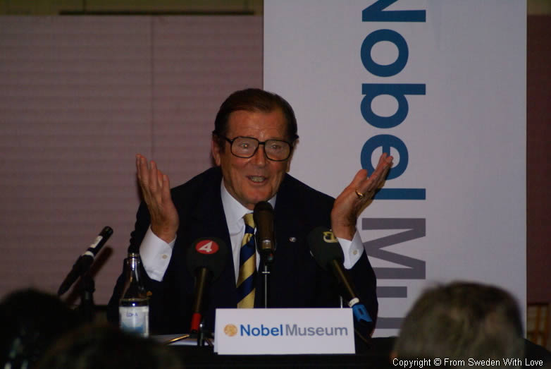 Roger Moore at the Nobel Museum in Stockholm