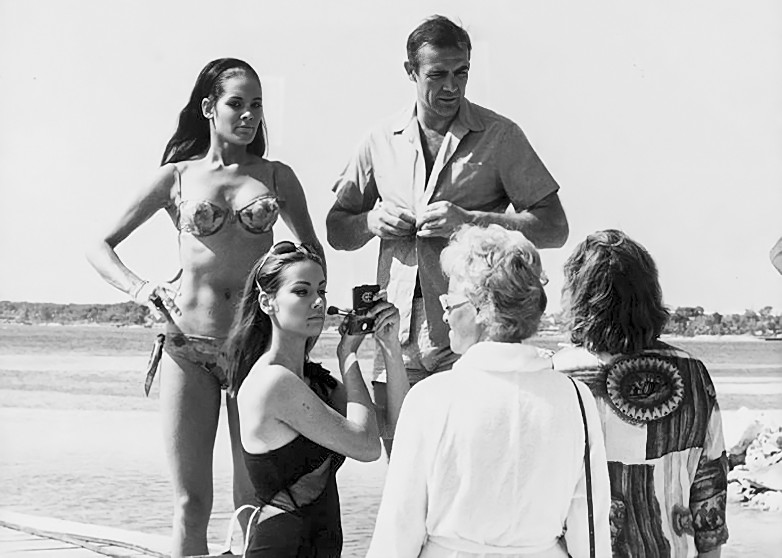 Martine Beswicke with Sean Connery and Claudine Auger on the set of Thunderball in the Bahamas